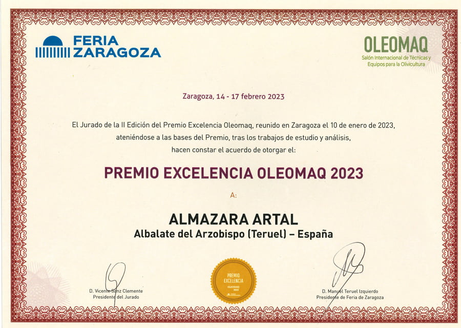 Almazara Artal, de la DOP Aceite del Bajo Aragón, Premio a la Excelencia Oleomaq 2023